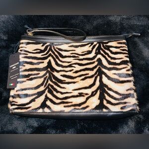 Cavalcanti Tiger Stripe Leather Calfhair Large Zip Pouch Wristlet Clutch | NWT